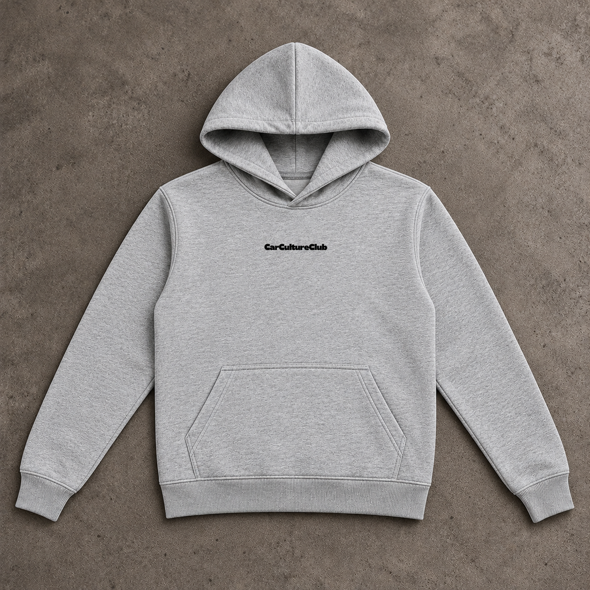 CarCultureClub grey hoodie, full front flat lay on stone