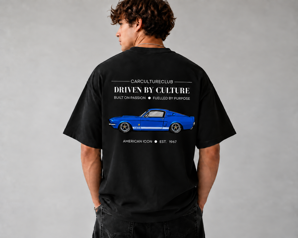 American Icon black T-shirt on model, back with tinted car window