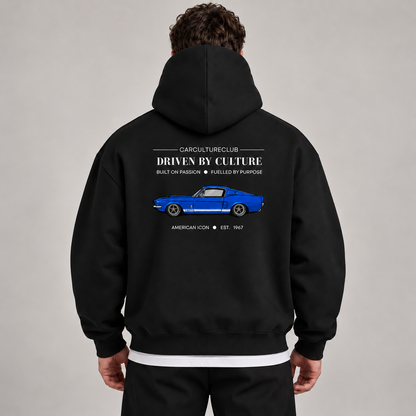 American Icon Hoodie — Black, studio view with white T-shirt layer