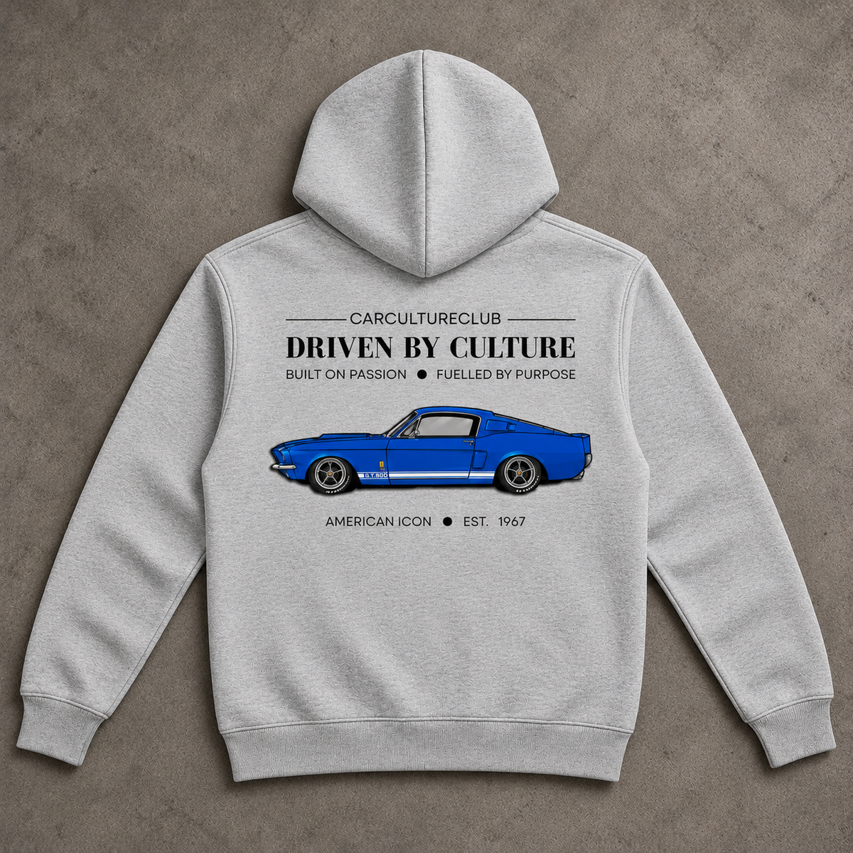 American Icon Hoodie — Grey, full back flat lay on stone