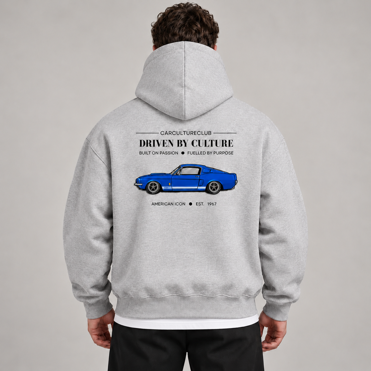American Icon Hoodie — Grey, studio view with white T-shirt layer