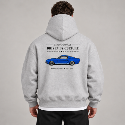 American Icon Hoodie — Grey, studio view with white T-shirt layer