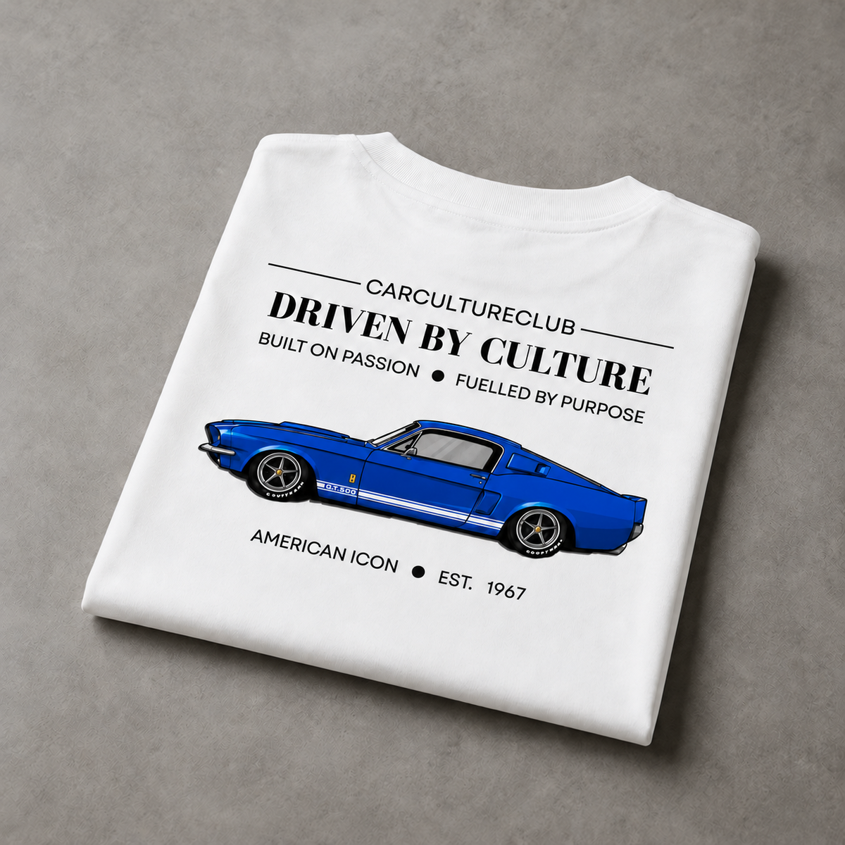 American Icon white T-shirt folded, back with tinted car window