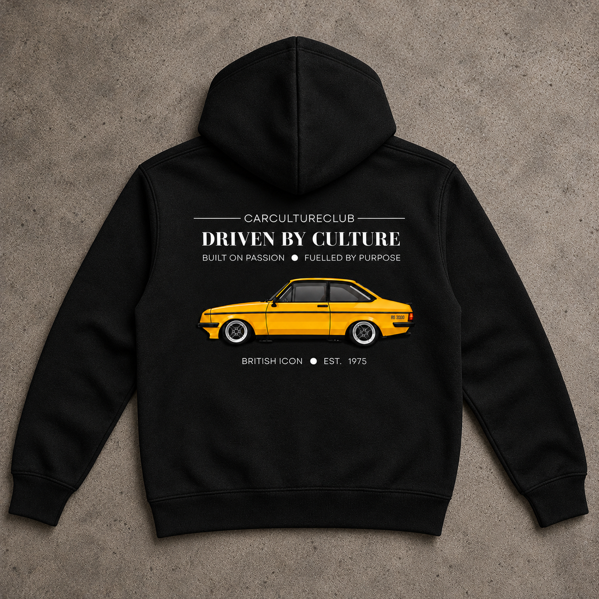 British Icon black hoodie laid flat on stone, back view