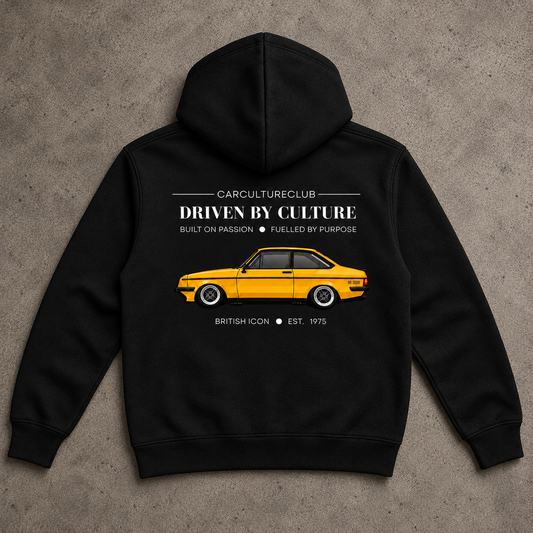 British Icon black hoodie laid flat on stone, back view