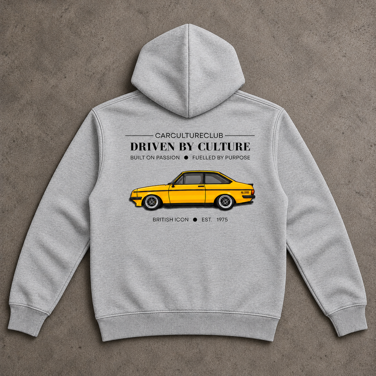 British Icon Hoodie — Grey, full back flat lay on stone