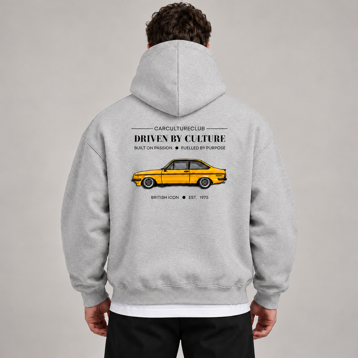 British Icon Hoodie — Grey, studio view with white T-shirt layer