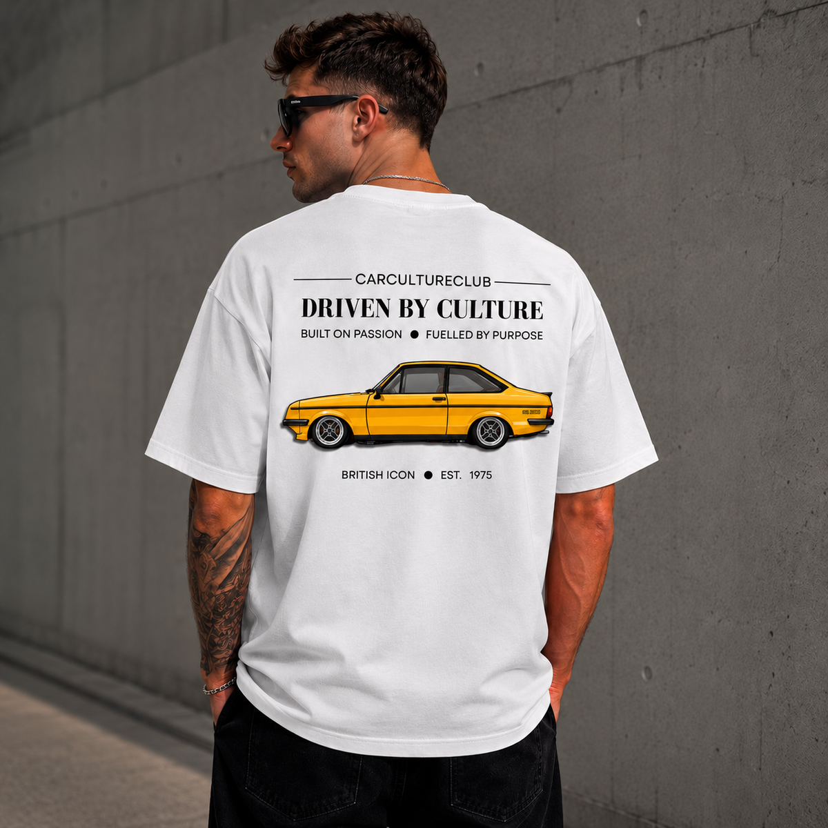 British White Icon T-shirt back print, model view
