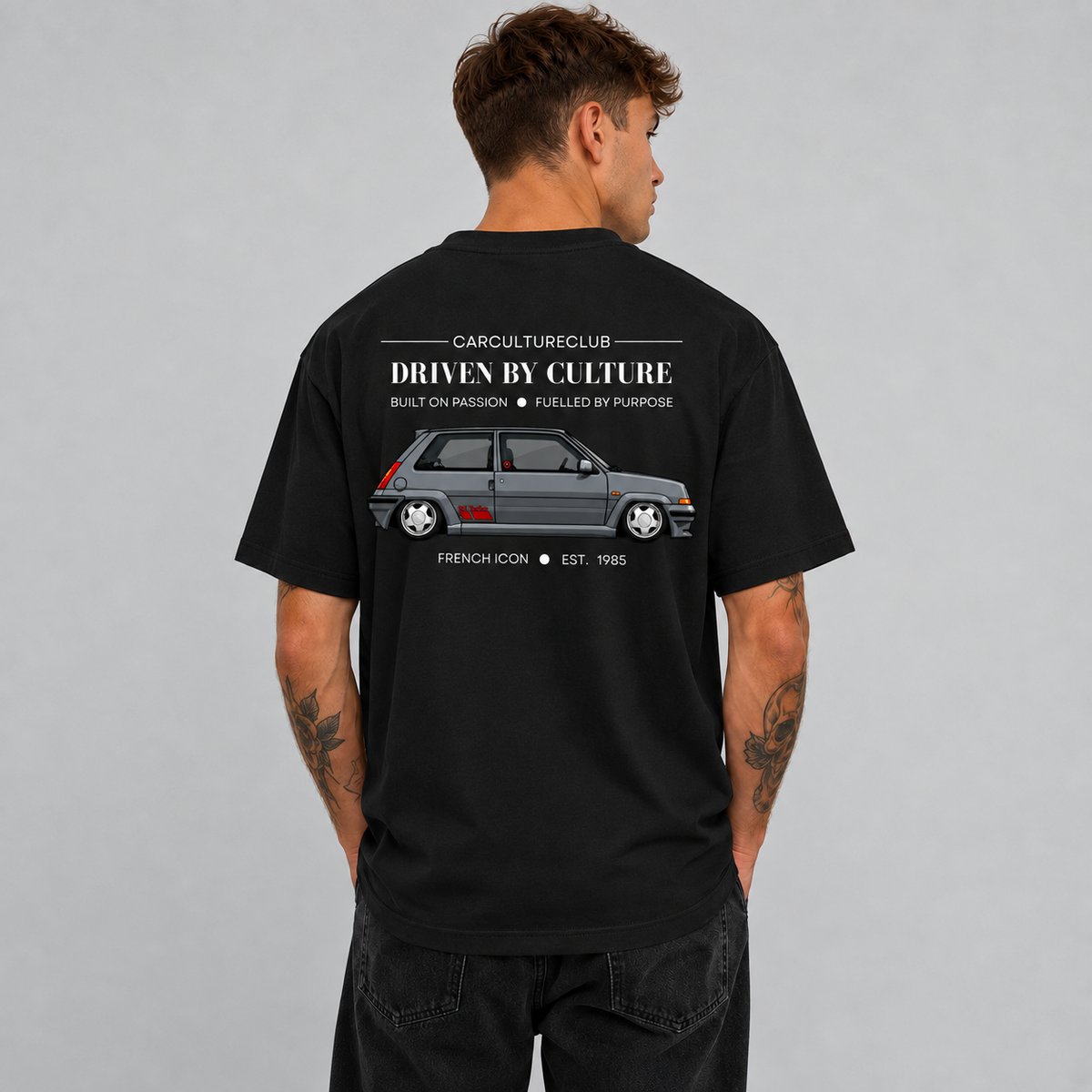 French Black Icon T-shirt back print, model view