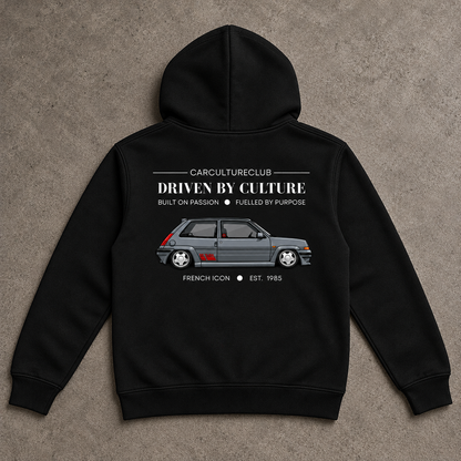 French Icon Hoodie — Black, full back flat lay on stone