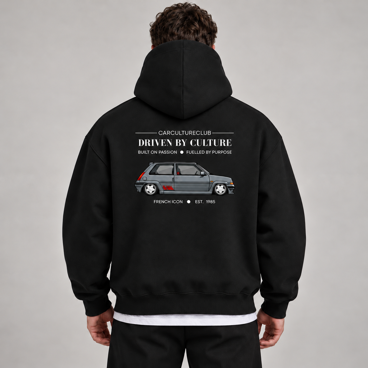 French Icon Hoodie — Black, studio view with white T-shirt layer