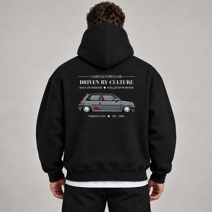 French Icon Hoodie — Black, studio view with white T-shirt layer