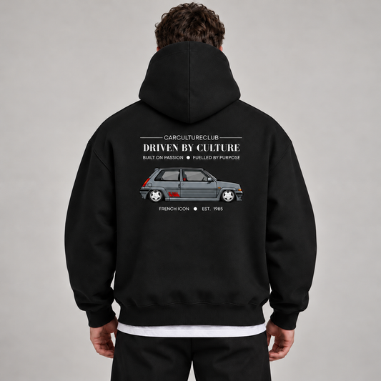 French Icon Hoodie — Black, studio view with white T-shirt layer