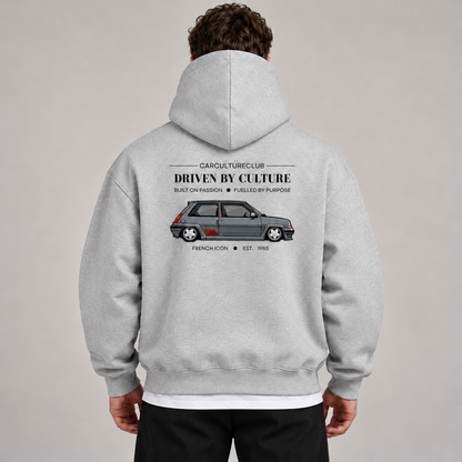 French Icon Hoodie — Grey, studio view with white T-shirt layer