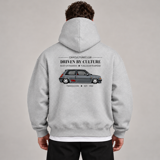 French Icon Hoodie — Grey, studio view with white T-shirt layer