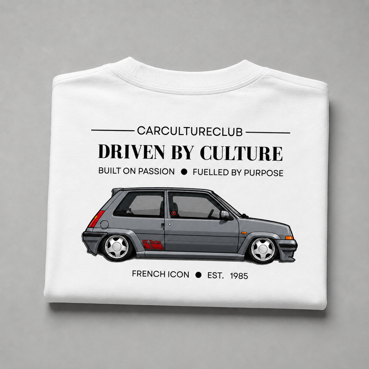 French Icon white T-shirt, folded back with smoke-tinted Renault 5 GT Turbo print
