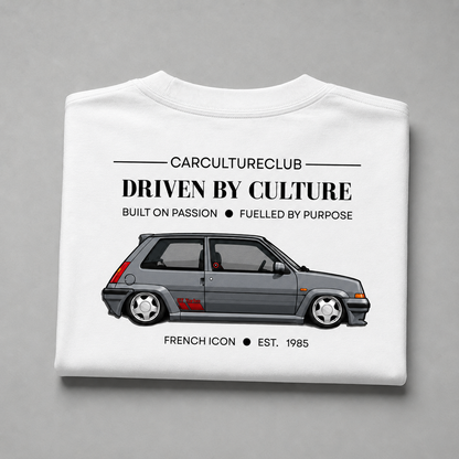 French Icon white T-shirt, folded back with smoke-tinted Renault 5 GT Turbo print