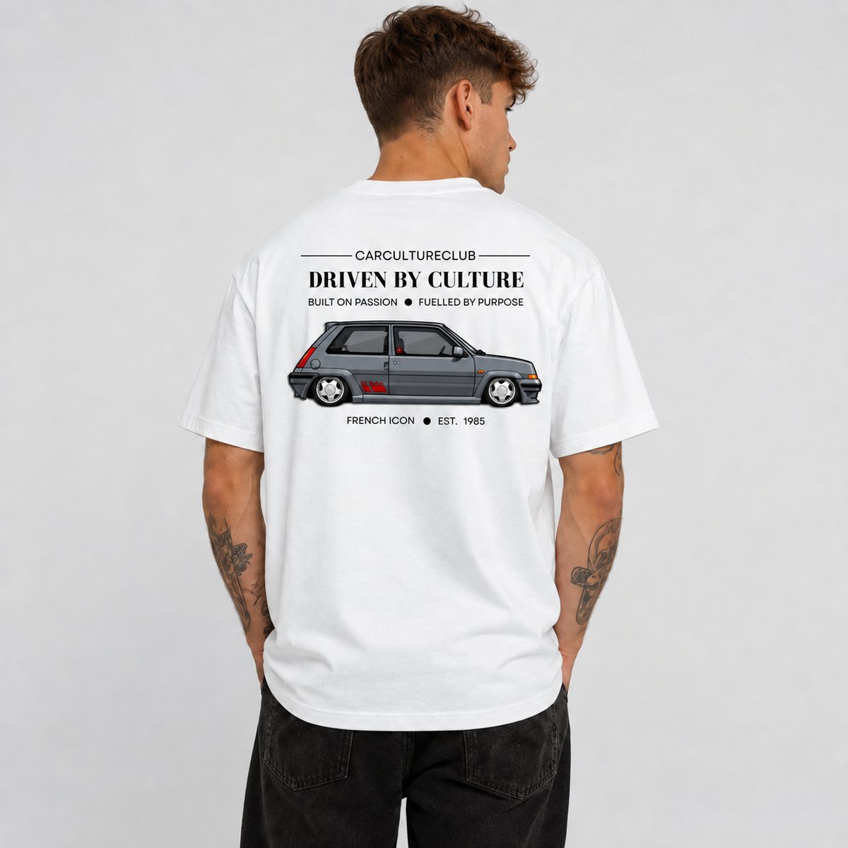 French White Icon T-shirt back print, model view