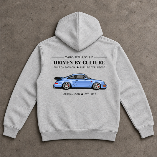 German Icon Hoodie — Grey, full back flat lay on stone