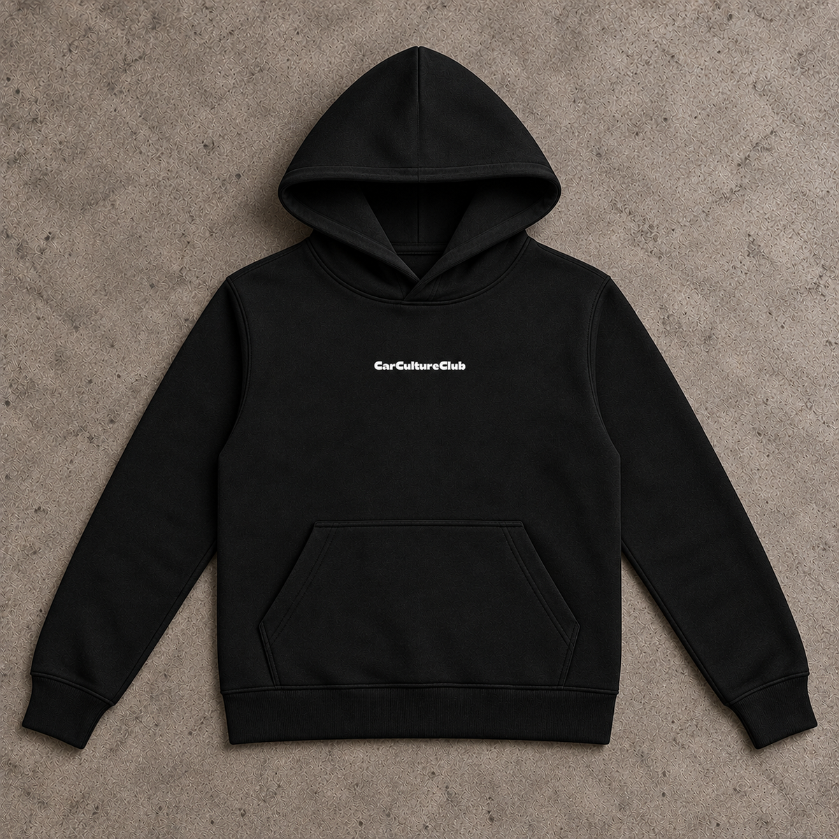 CarCultureClub black hoodie, full front flat lay on stone