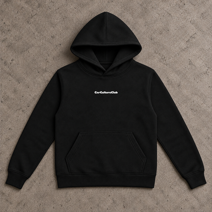 CarCultureClub black hoodie, full front flat lay on stone