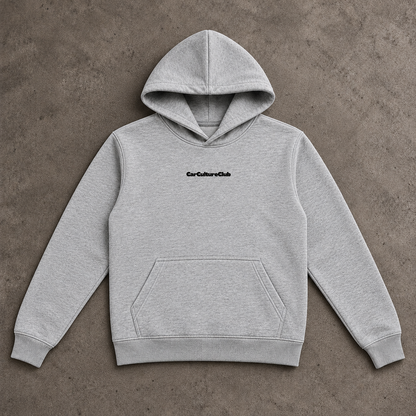 CarCultureClub grey hoodie, full front flat lay on stone