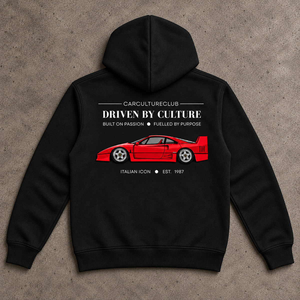 Italian Icon Hoodie — Black, full back flat lay on stone