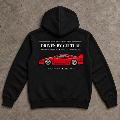 Italian Icon Hoodie — Black, full back flat lay on stone