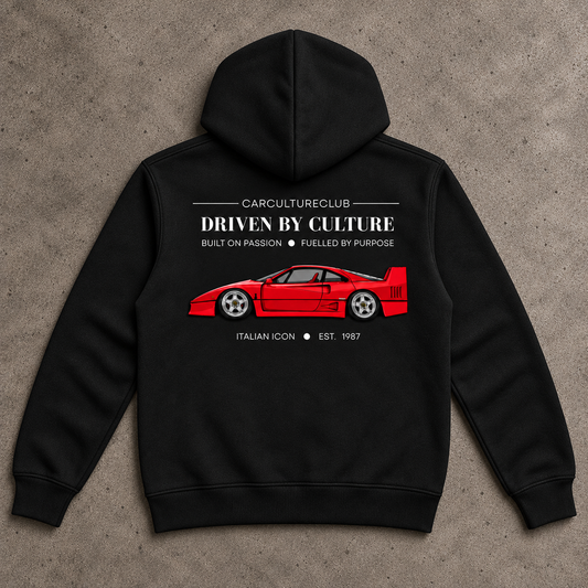 Italian Icon Hoodie — Black, full back flat lay on stone