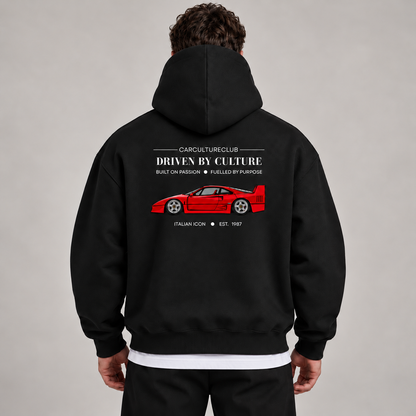 Italian Icon Hoodie — Black, studio view with white T-shirt layer