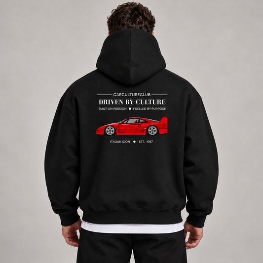 Italian Icon Hoodie — Black, studio view with white T-shirt layer