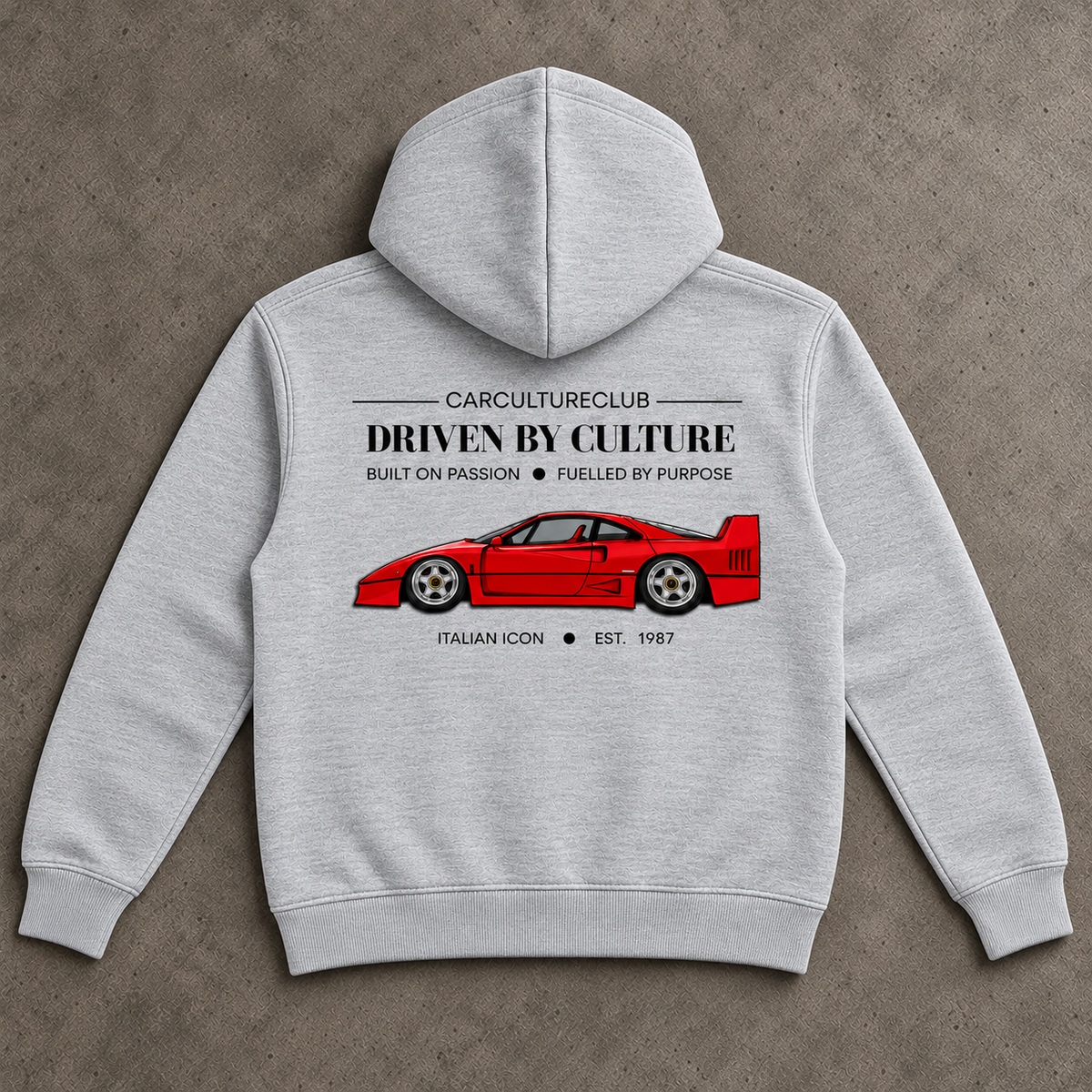 Italian Icon Hoodie — Grey, full back flat lay on stone