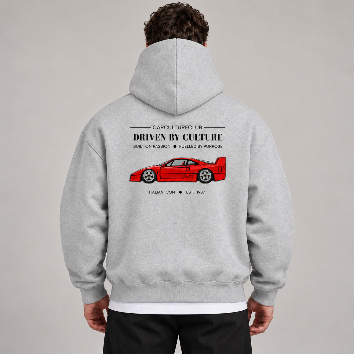 Italian Icon Hoodie — Grey, studio view with white T-shirt layer