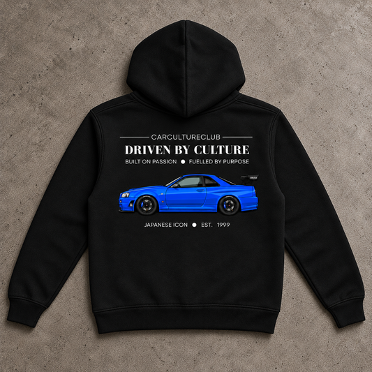 Japanese Icon Hoodie — Black, full back flat lay on stone