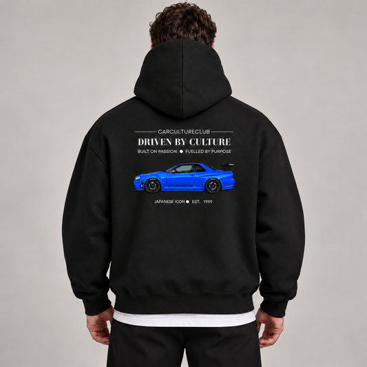 Japanese Icon Hoodie — Black, studio view with white T-shirt layer