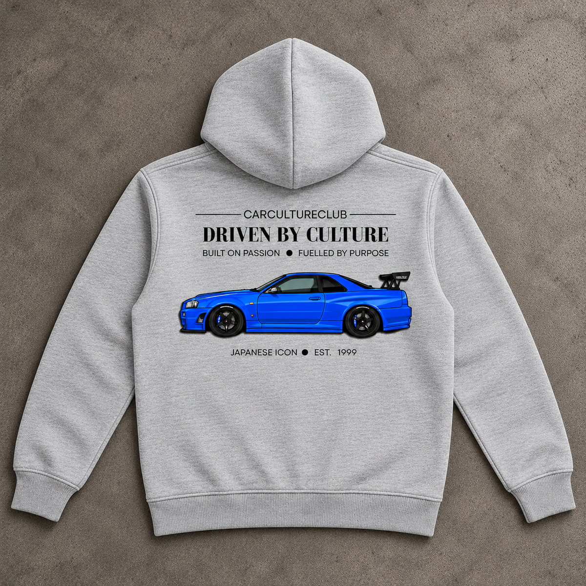 Japanese Icon Hoodie — Grey, full back flat lay on stone