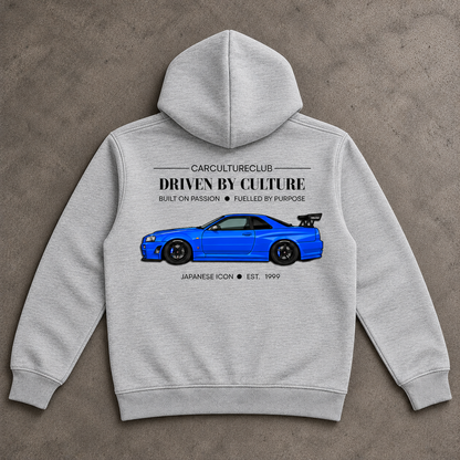 Japanese Icon Hoodie — Grey, full back flat lay on stone