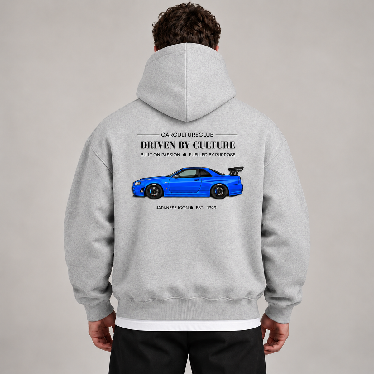 Japanese Icon Hoodie — Grey, studio view with white T-shirt layer