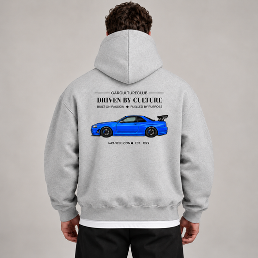 Japanese Icon Hoodie — Grey, studio view with white T-shirt layer